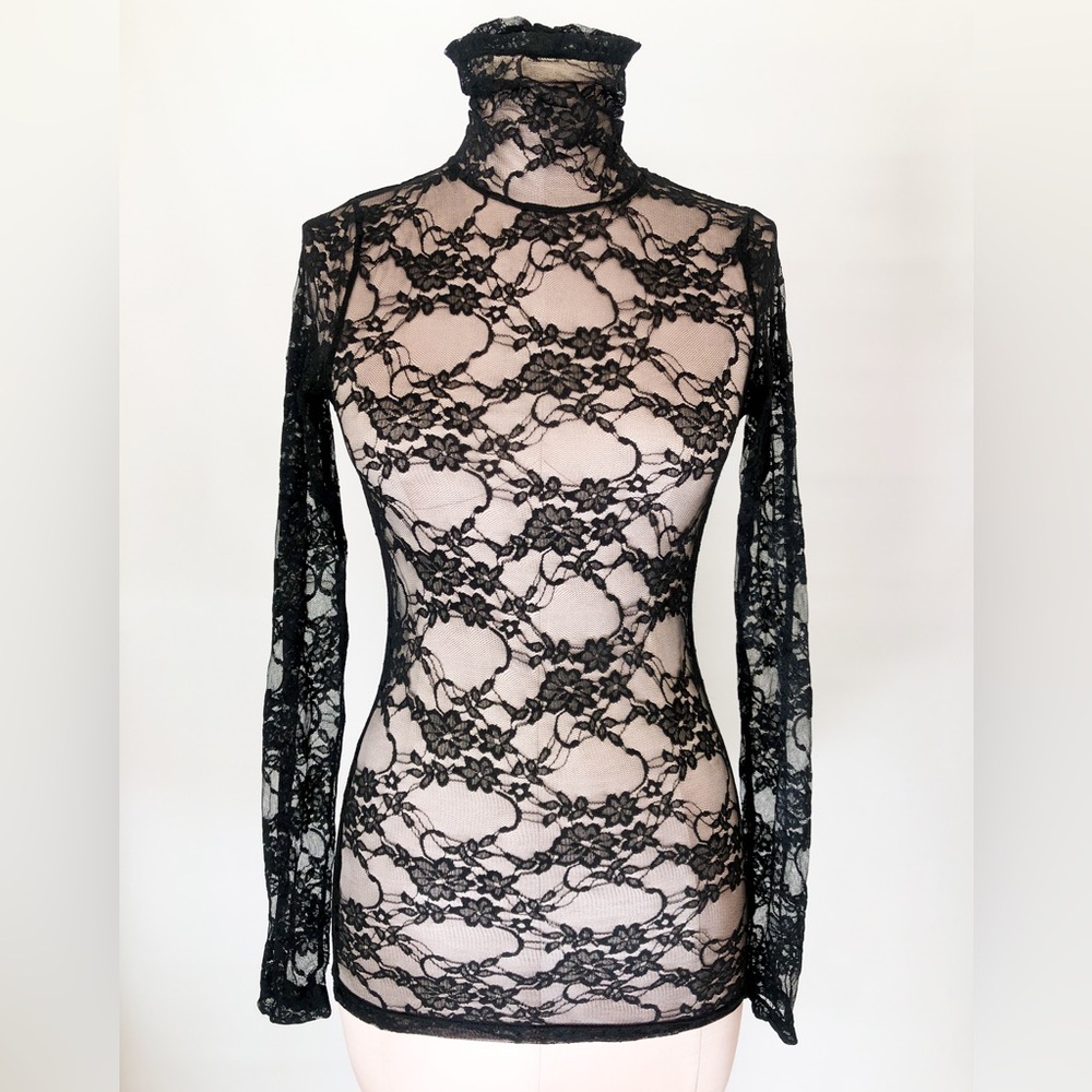 Black Lace Sheer Top Open Back Turtleneck Size Small Free People